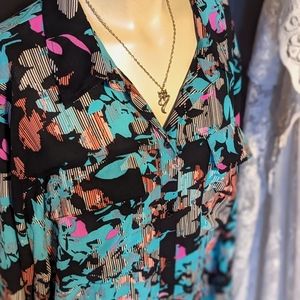 Boutique blouse 80s style fun spring button up teal floral funky 2x plus tall